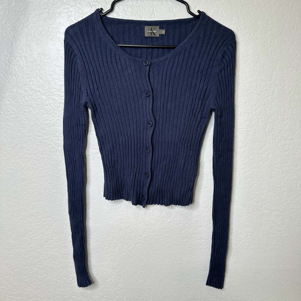 Calvin Klein Cardigan Size M Blue Ribbed Button Up Long Sleeve Top